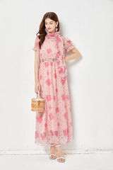 Vestido de hada de seda sintética, ligero, elegante, con vuelo grande, cintura elástica, vestido largo, estampado rosa, bufanda de seda.