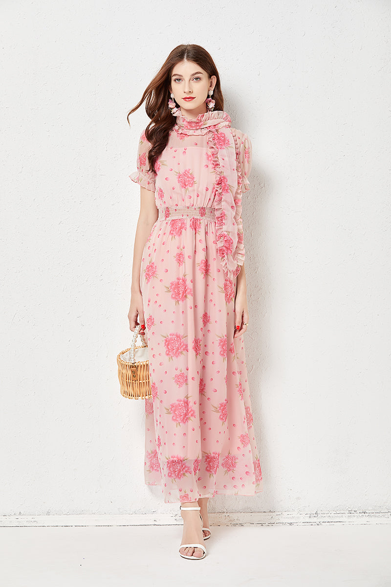 Vestido de hada de seda sintética, ligero, elegante, con vuelo grande, cintura elástica, vestido largo, estampado rosa, bufanda de seda.