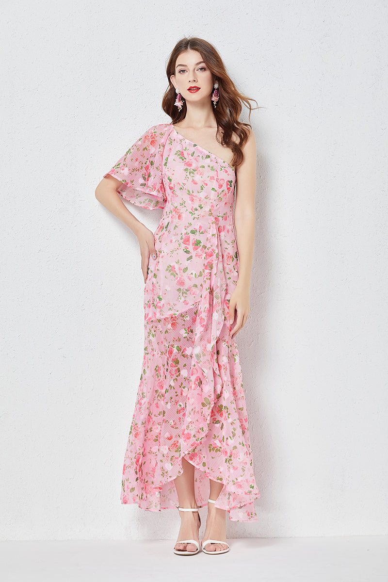 Slanted Shoulder Heart Cut Flower Print Asymmetric One Shoulder Slim Fit Waist Ruffle Dress