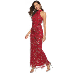 Popular Sleeveless Turtleneck Tassel Sequ Dress Maxi Dress