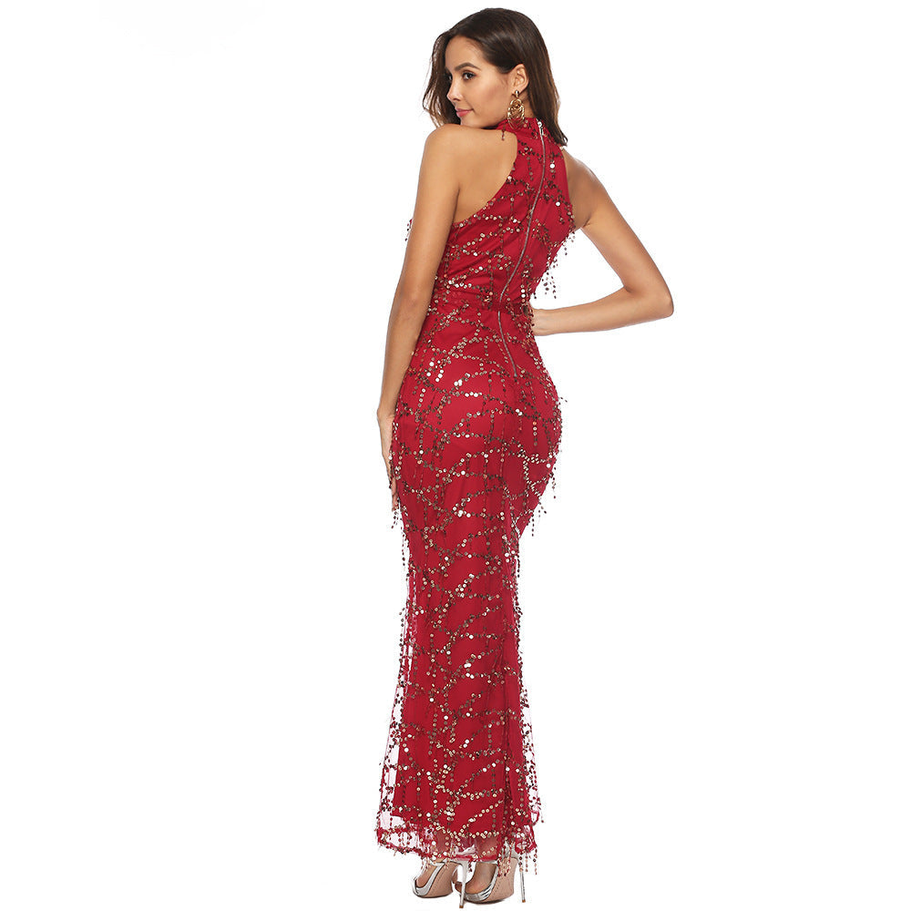 Popular Sleeveless Turtleneck Tassel Sequ Dress Maxi Dress