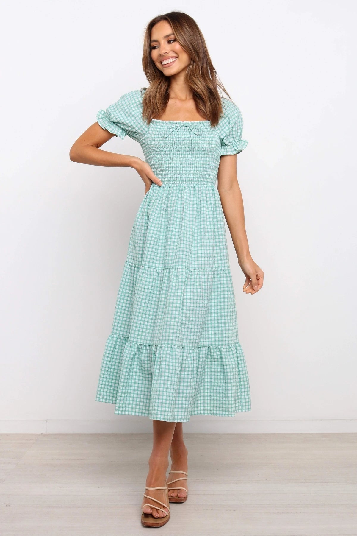 Check Square Neck Tie Ruffle Vacition A Line Dress