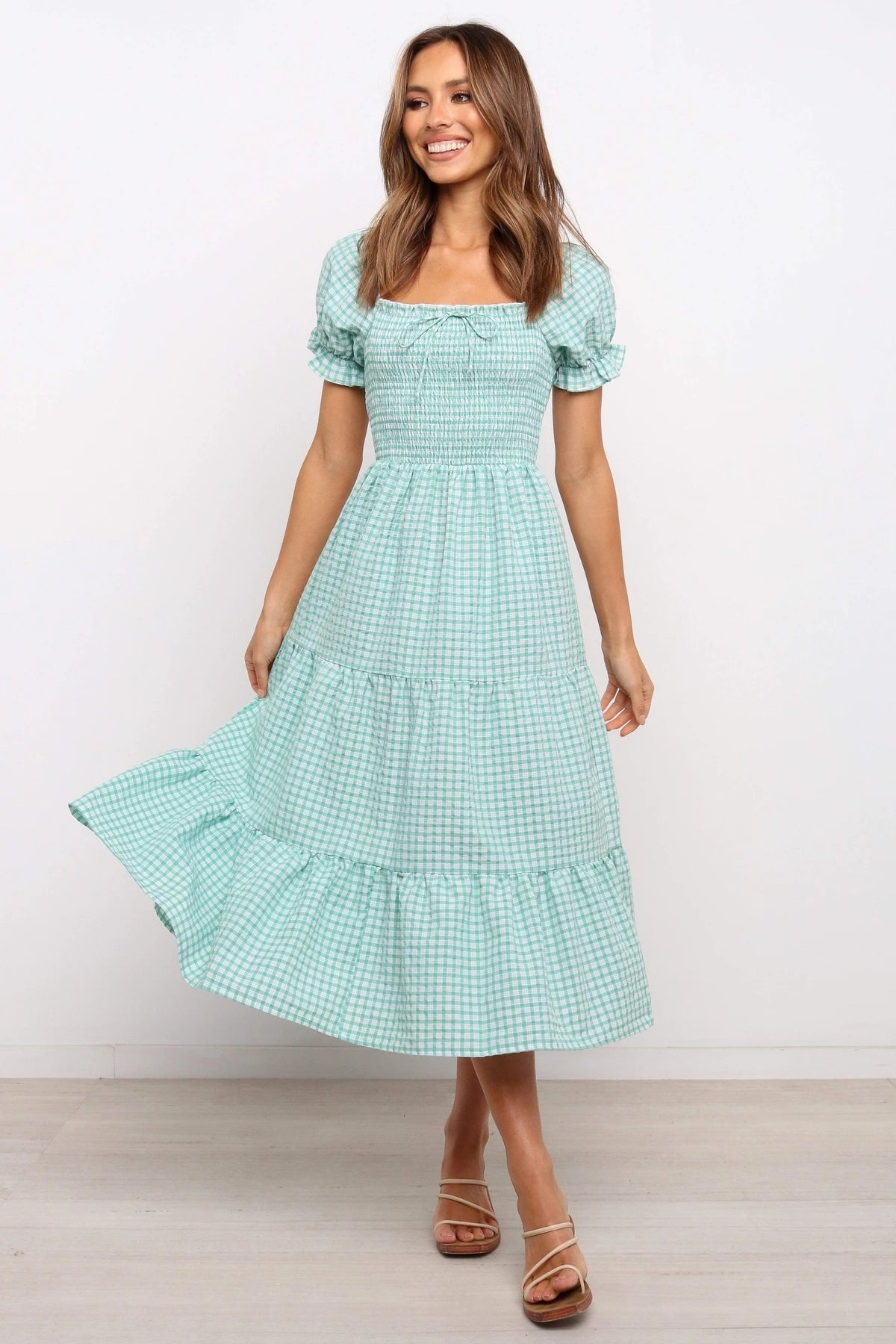 Check Square Neck Tie Ruffle Vacition A Line Dress