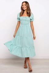 Check Square Neck Tie Ruffle Vacition A Line Dress