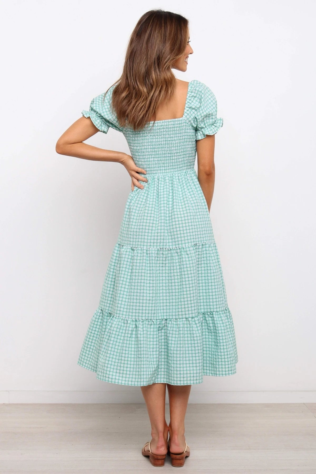 Check Square Neck Tie Ruffle Vacition A Line Dress