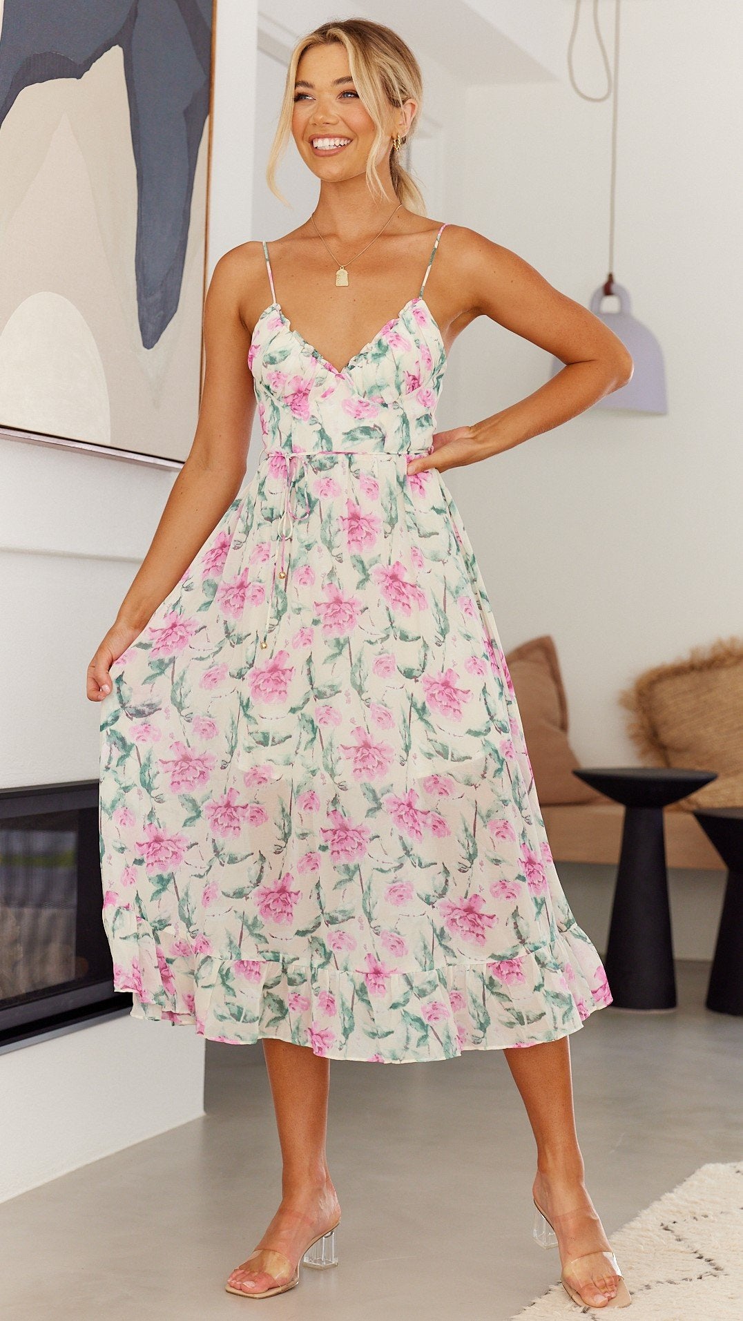 Vacition Printed V Neck Cami A Line Dress