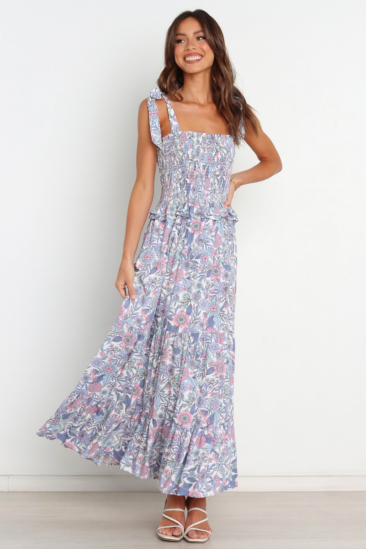 Vacation Printed Ruffed Tie Maxi A Line Dress