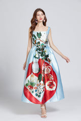 Printed Belted A Line Maxi Dress
