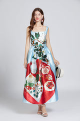 Printed Belted A Line Maxi Dress