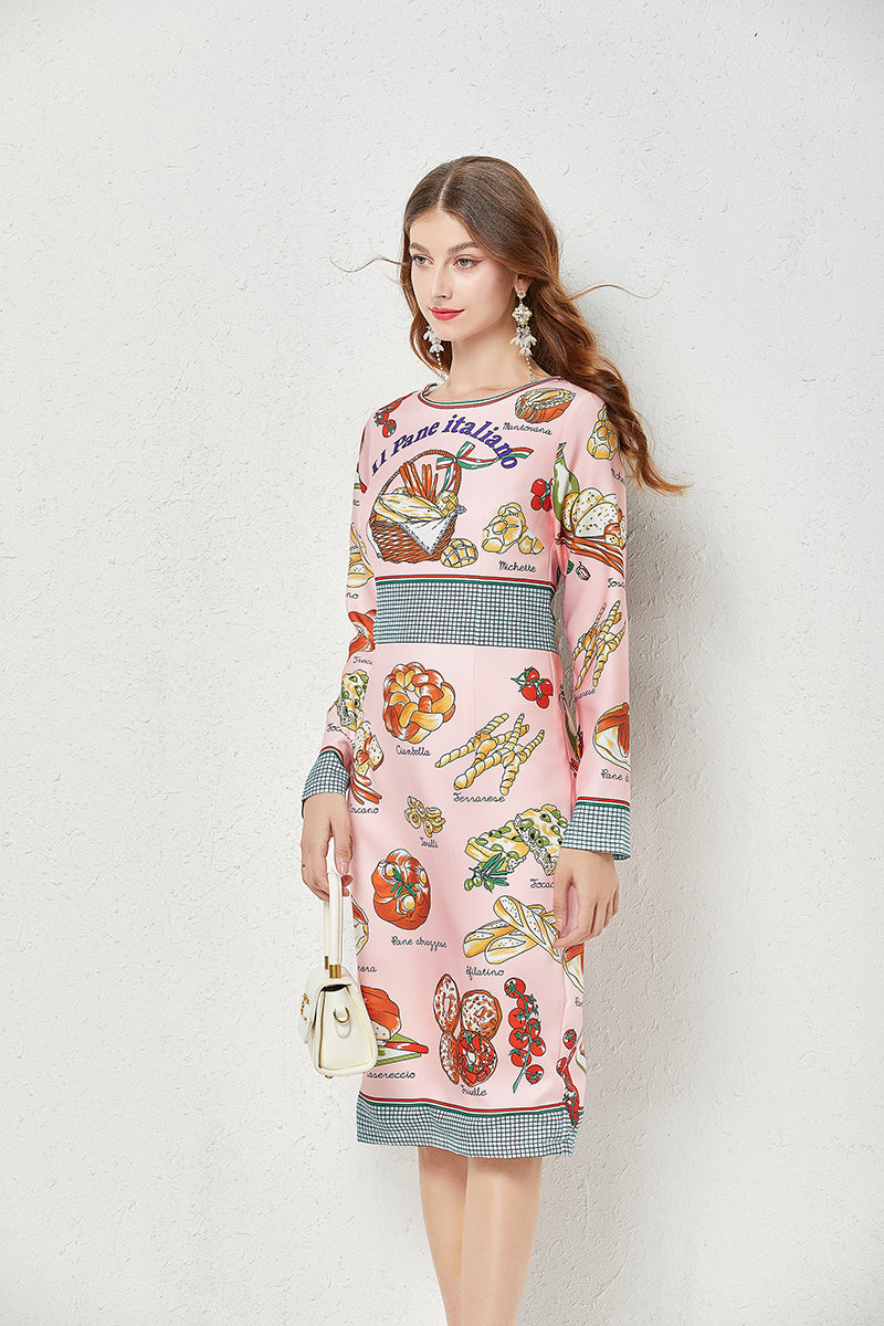 Vestido camisero estampado de cuello redondo y corte A hasta la rodilla de otoño