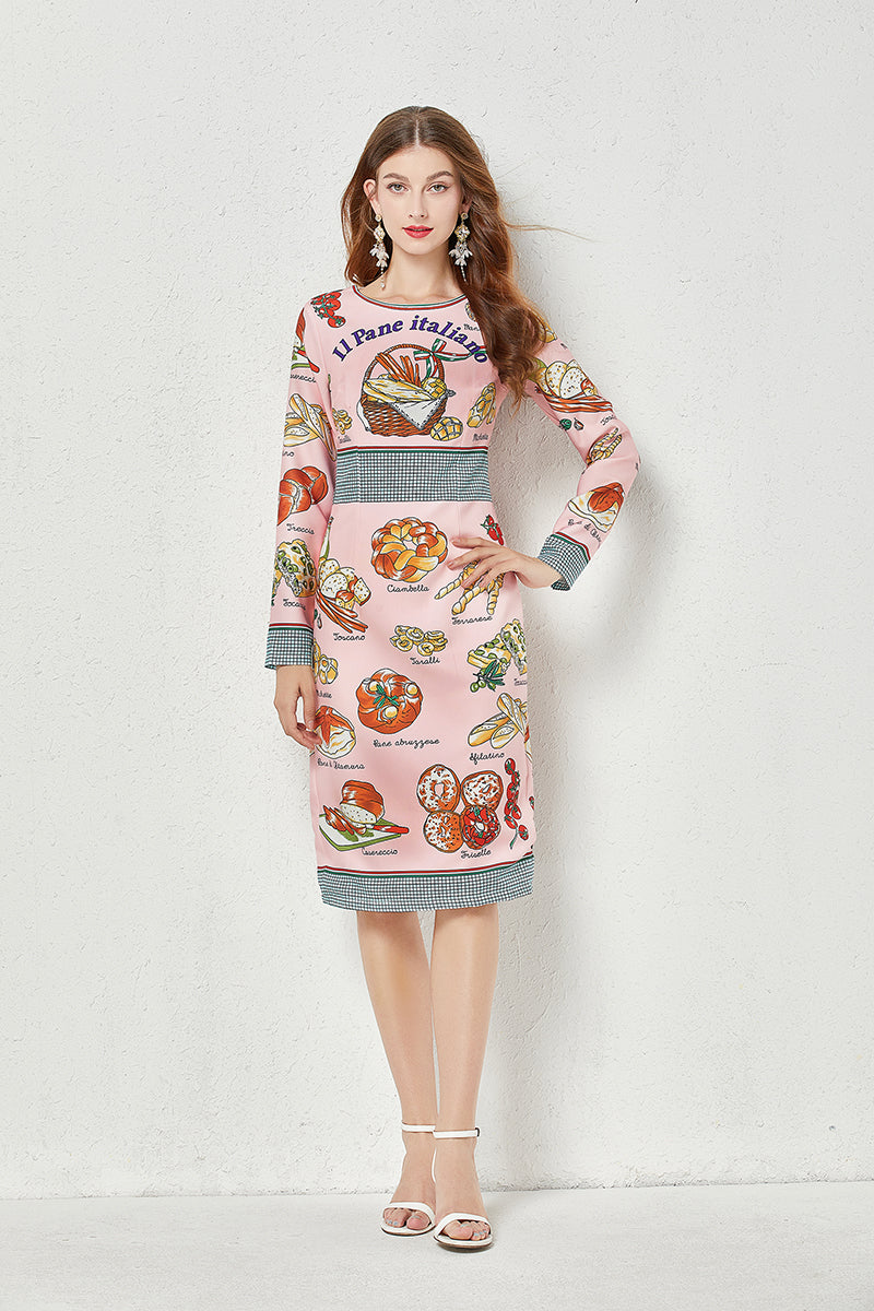 Vestido camisero estampado de cuello redondo y corte A hasta la rodilla de otoño