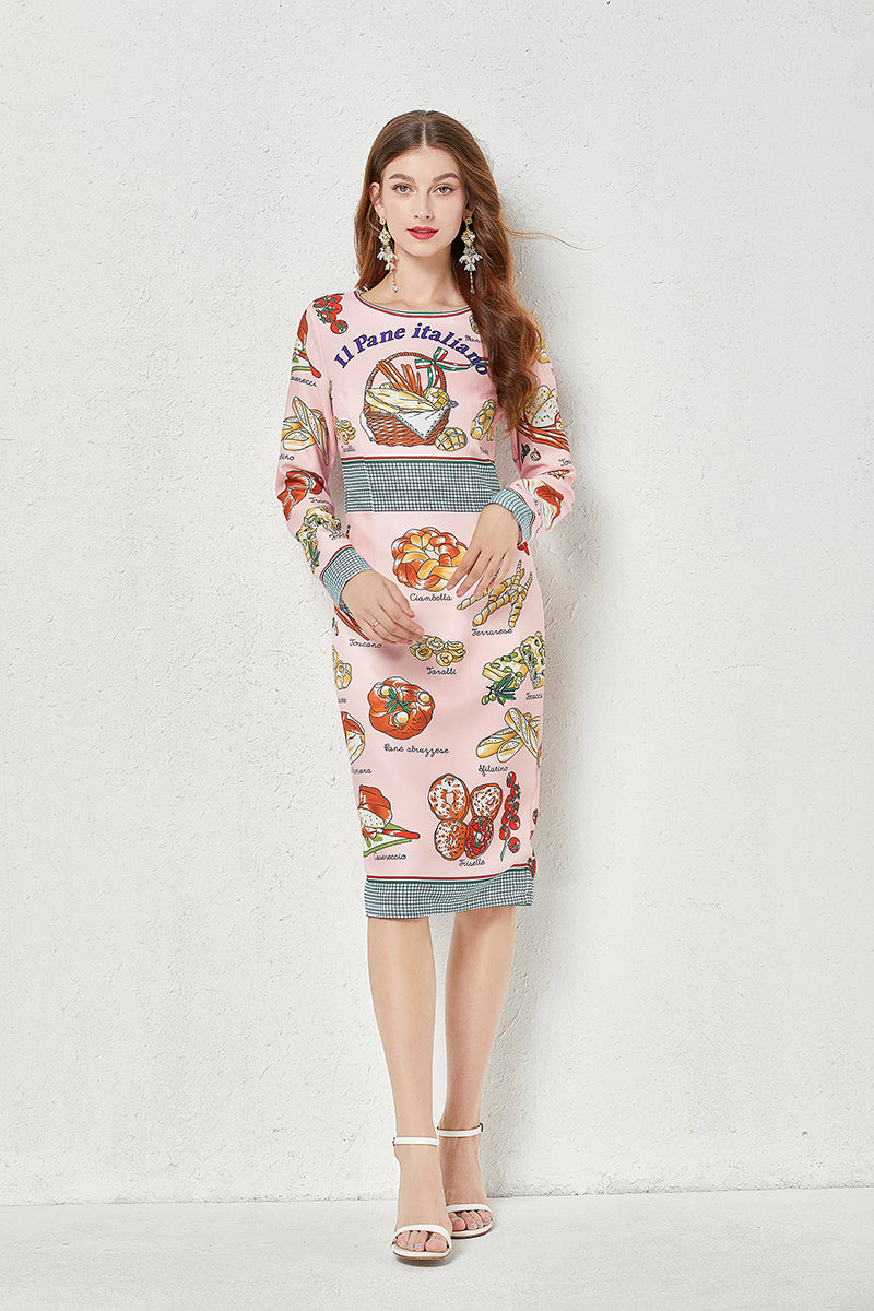 Vestido camisero estampado de cuello redondo y corte A hasta la rodilla de otoño