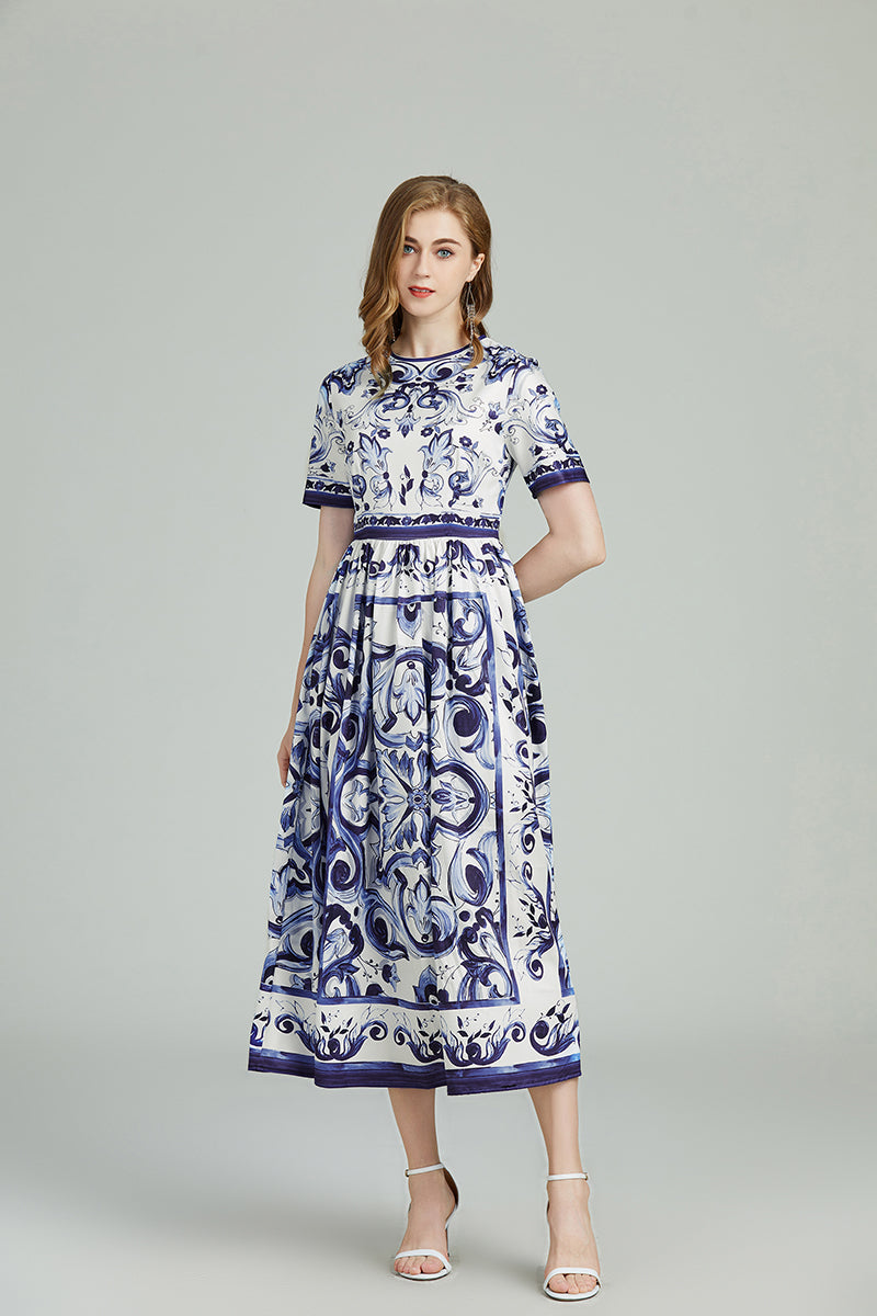 Vestido mixto de corte A con cuello redondo y manga corta estampado