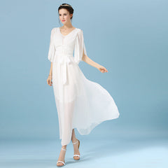 V Neck Half Sleeves Dress Solid Color Midi Dress