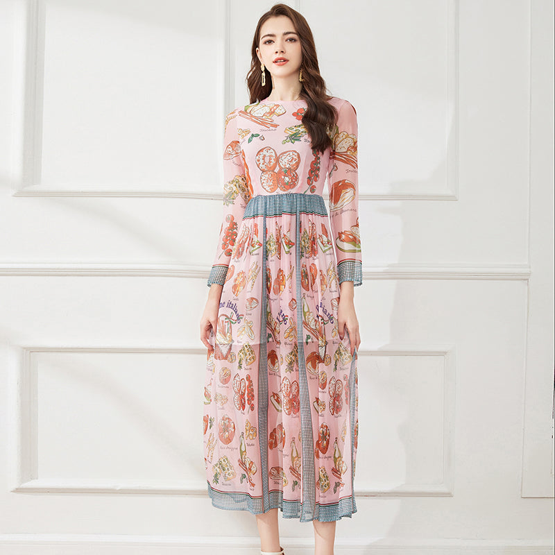 Light Silk Chiffon Printed Dress Crew Neck A Line Dress