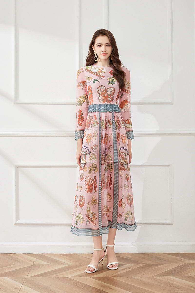 Light Silk Chiffon Printed Dress Crew Neck A Line Dress