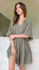 Solid Color Cotton Lantern Sleeve Mid Sleeve Dress