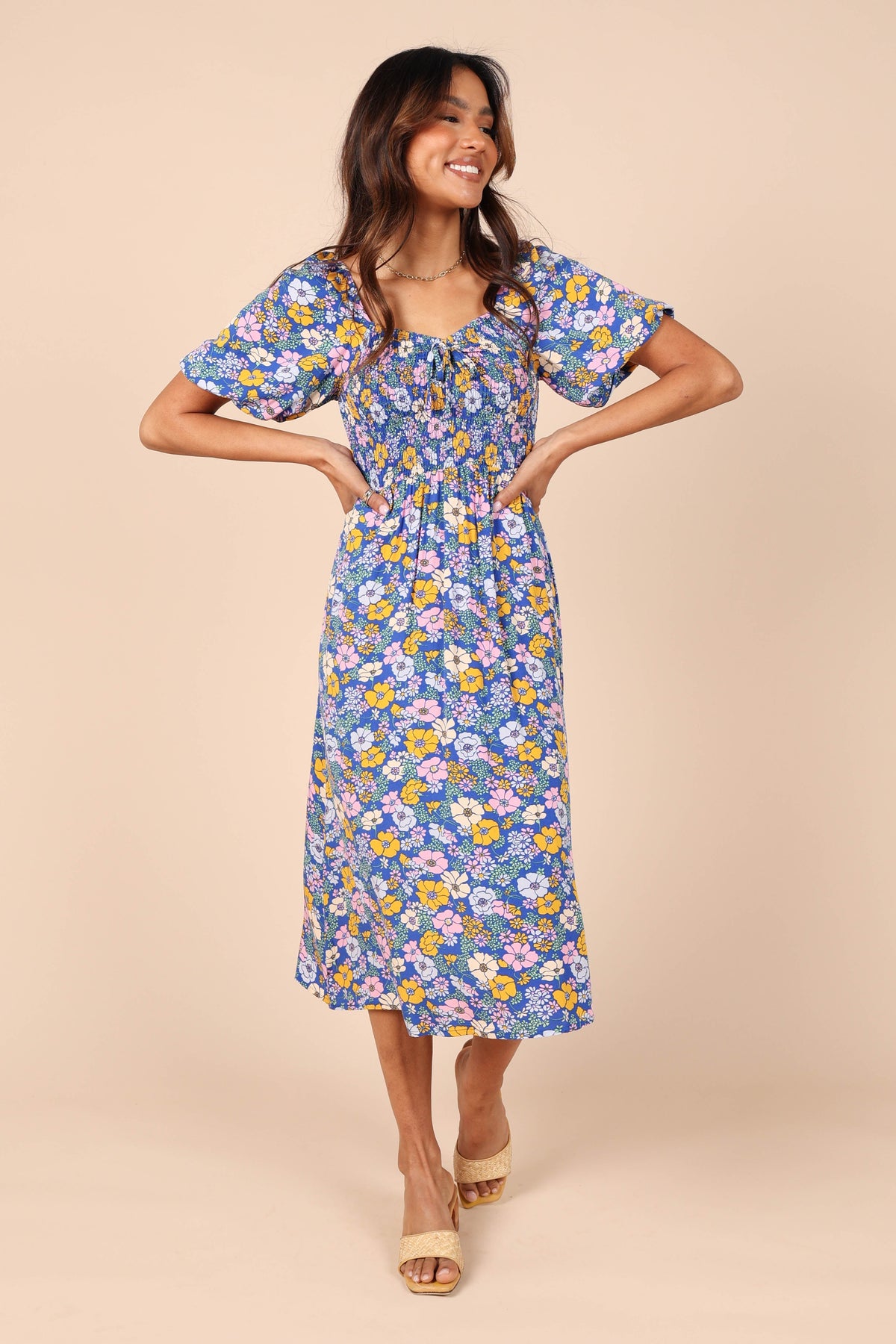 Vacation Floral V Neck Tie Smocked Maxi A Line Dress