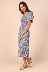 Vacation Floral V Neck Tie Smocked Maxi A Line Dress