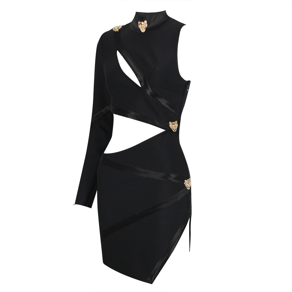 Hollow Out Cutout Single Long Sleeve Scarf Collar Dress Bandage One Piece Dress