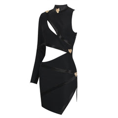 Hollow Out Cutout Single Long Sleeve Scarf Collar Dress Bandage One Piece Dress