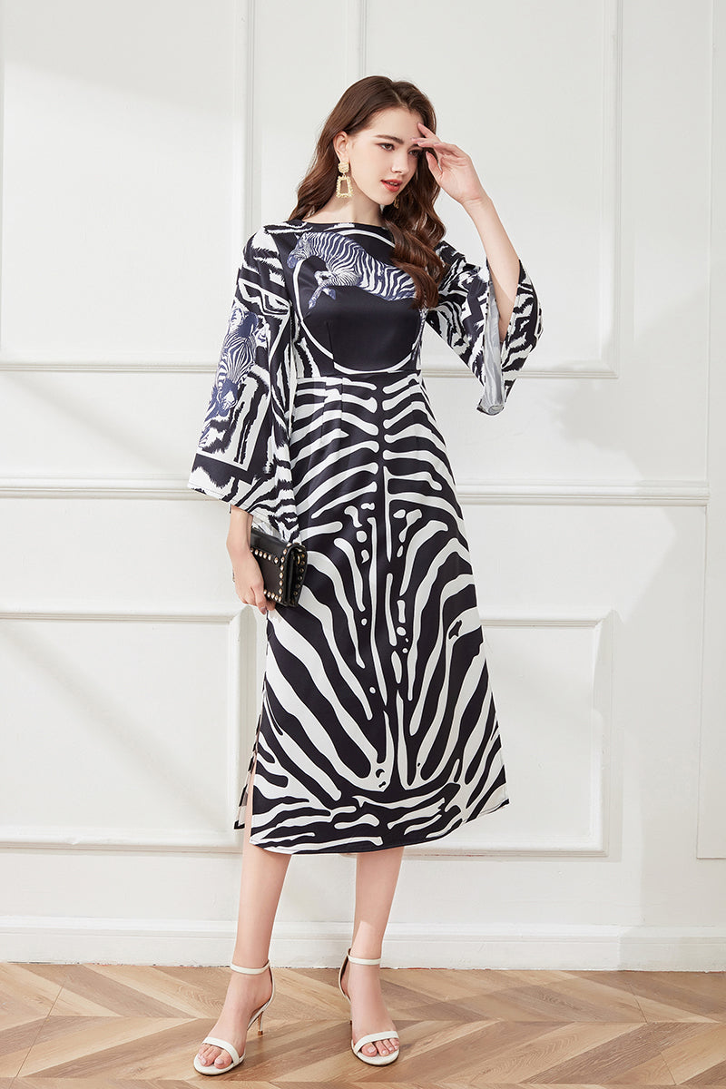Distinctive Horse Head Print Striped Contrast Dress High Waist Trumpet Sleeve Split Dress