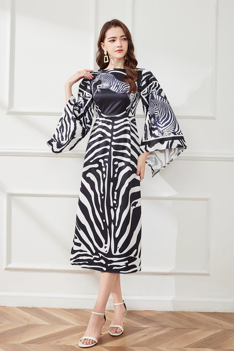Distinctive Horse Head Print Striped Contrast Dress High Waist Trumpet Sleeve Split Dress