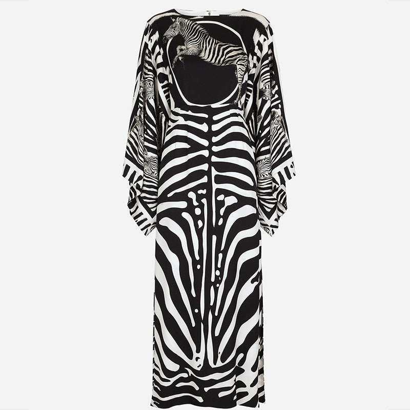 Distinctive Horse Head Print Striped Contrast Dress High Waist Trumpet Sleeve Split Dress