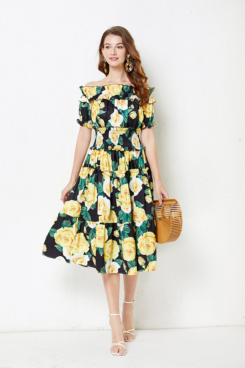 off shoulder Collar Short sleeved Ruffled Dress