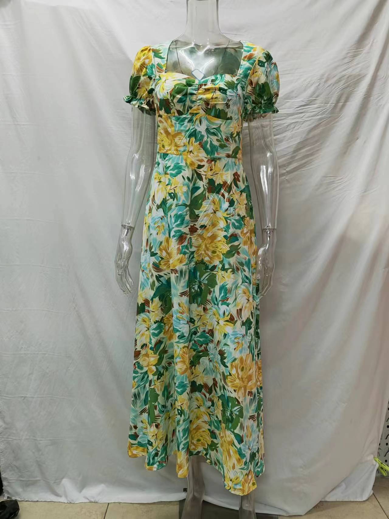 Elegant Holiday French Print Short Sleeve Long Dress
