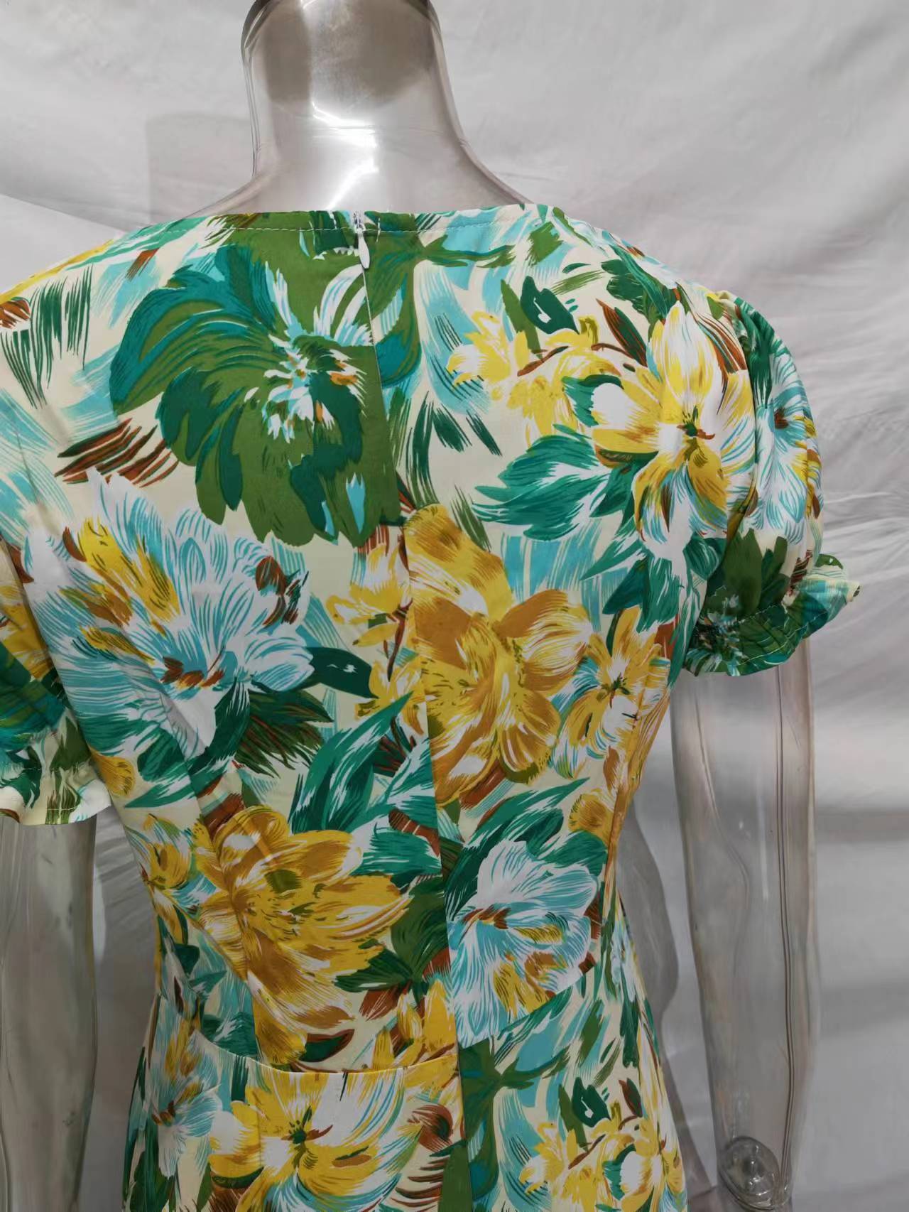 Elegant Holiday French Print Short Sleeve Long Dress
