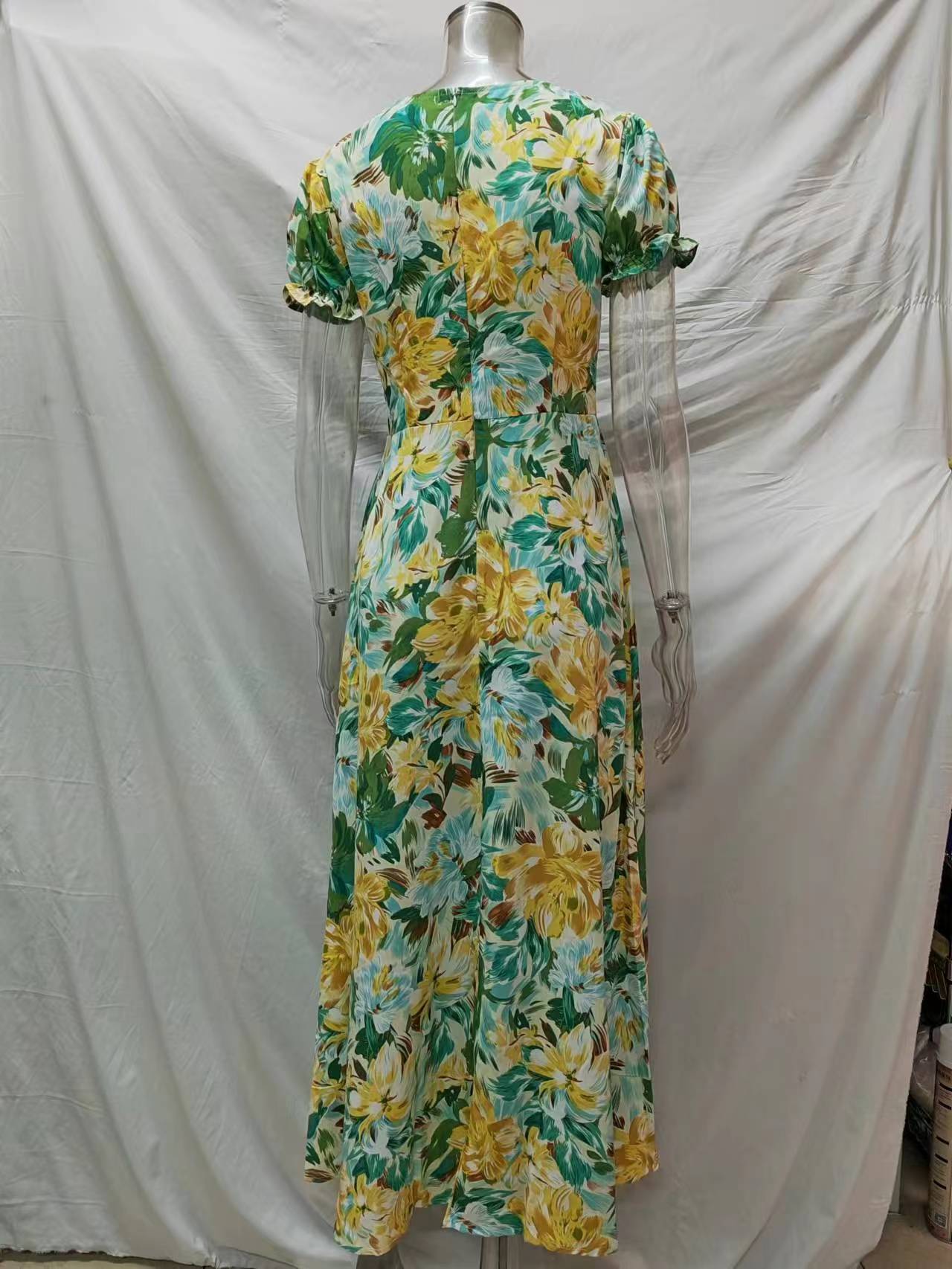 Elegant Holiday French Print Short Sleeve Long Dress