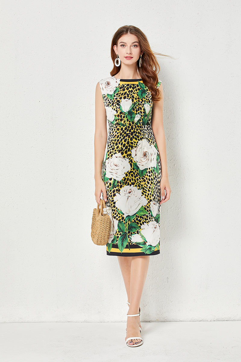 Vacation Crew Neck Floral A Line Midi Dress