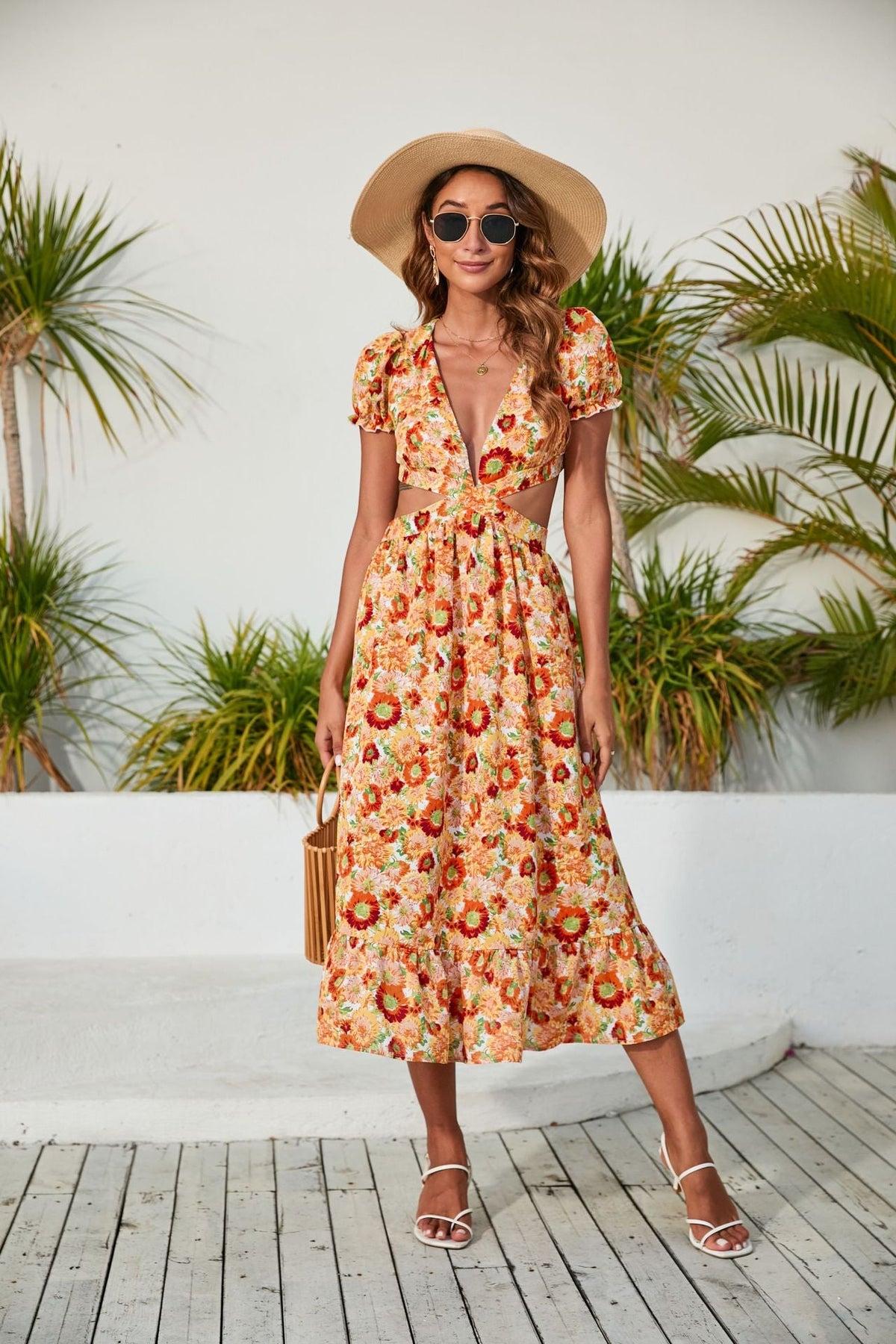 V Neck Printed Dress Backless Midi Dress