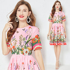 Positioning Butterfly Flower Print Large Swing Dress Short Sleeve A line Dress