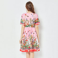 Positioning Butterfly Flower Print Large Swing Dress Short Sleeve A line Dress