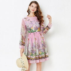 Positioning Rabbit Flower Print Large Swing Dress Long Sleeve A line Dress