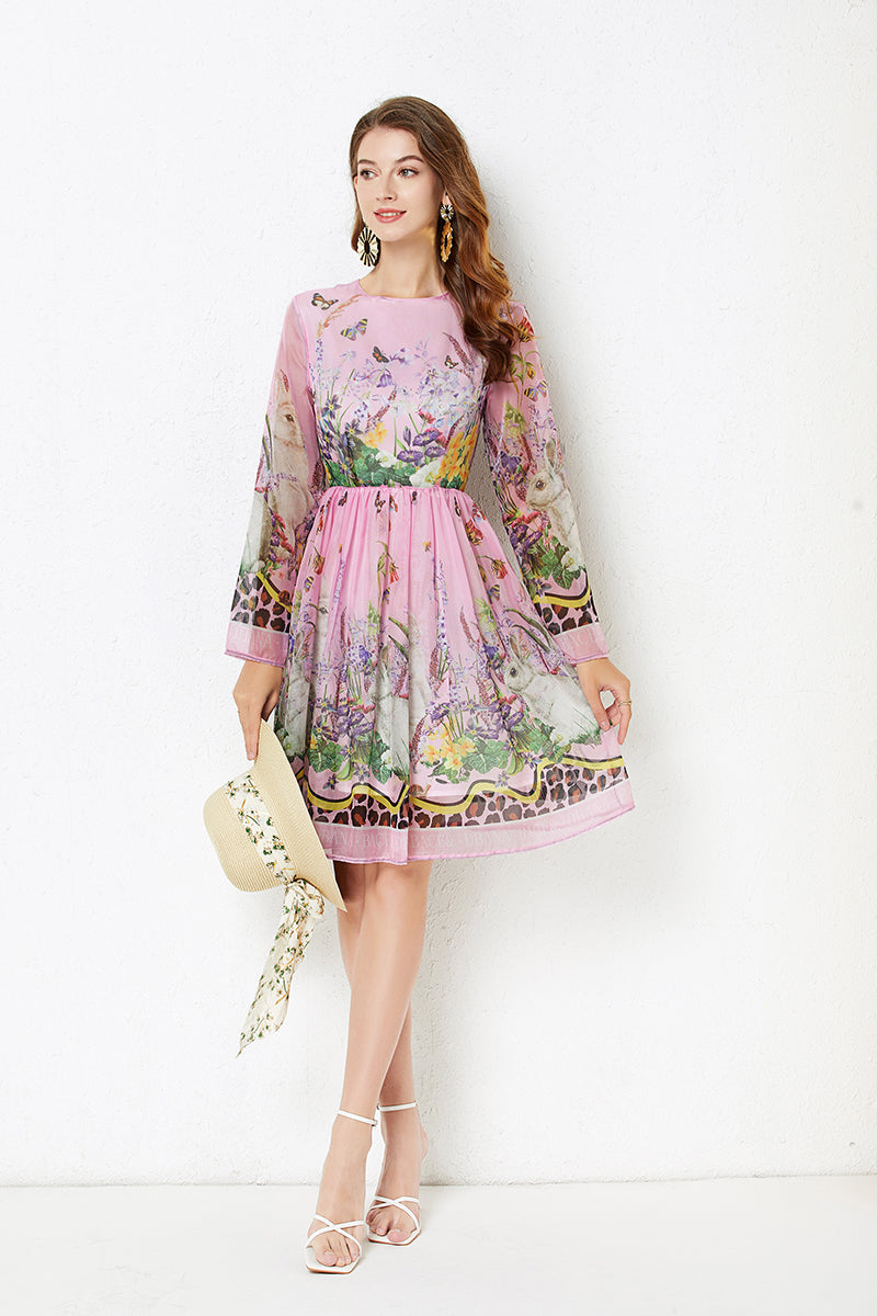 Positioning Rabbit Flower Print Large Swing Dress Long Sleeve A line Dress