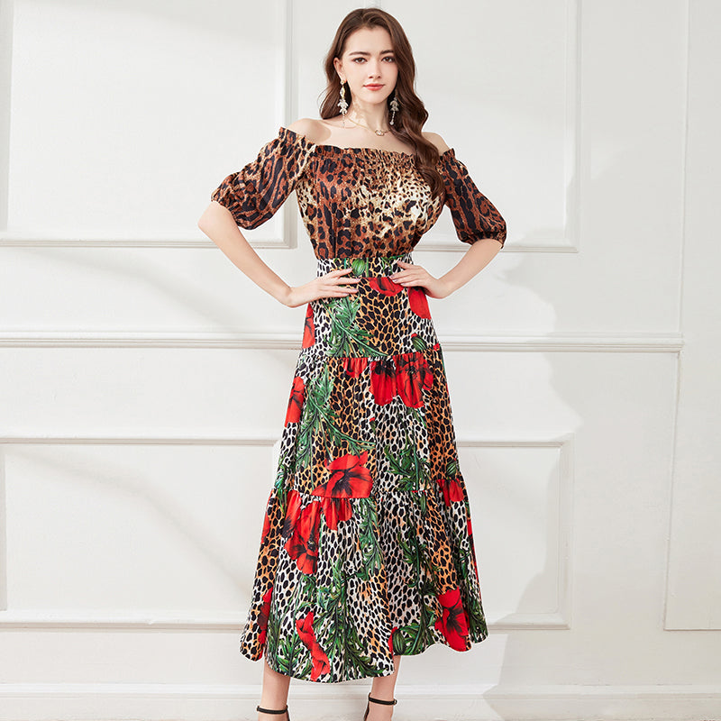 Conjunto de dos piezas de vestido grande con estampado de leopardo y flores y top de manga corta con hombros descubiertos