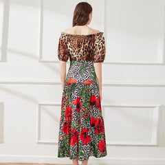 Conjunto de dos piezas de vestido grande con estampado de leopardo y flores y top de manga corta con hombros descubiertos