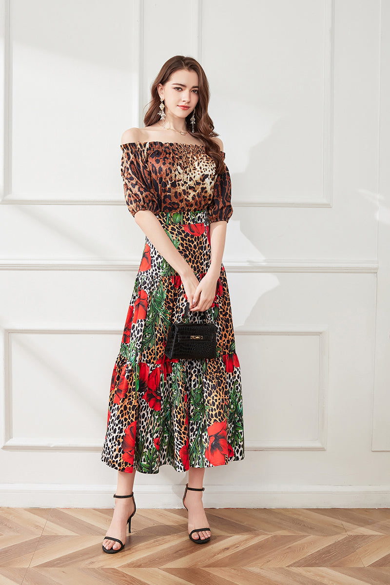 Conjunto de dos piezas de vestido grande con estampado de leopardo y flores y top de manga corta con hombros descubiertos