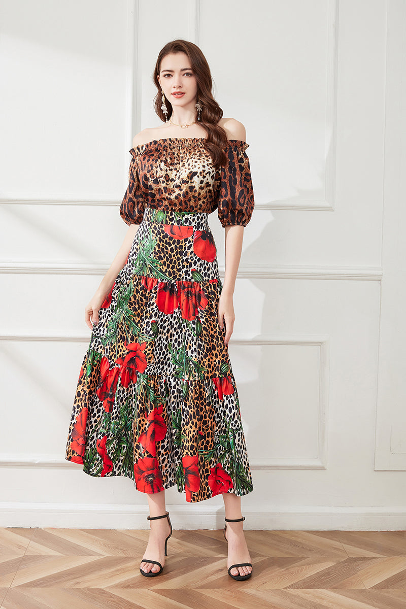 Conjunto de dos piezas de vestido grande con estampado de leopardo y flores y top de manga corta con hombros descubiertos