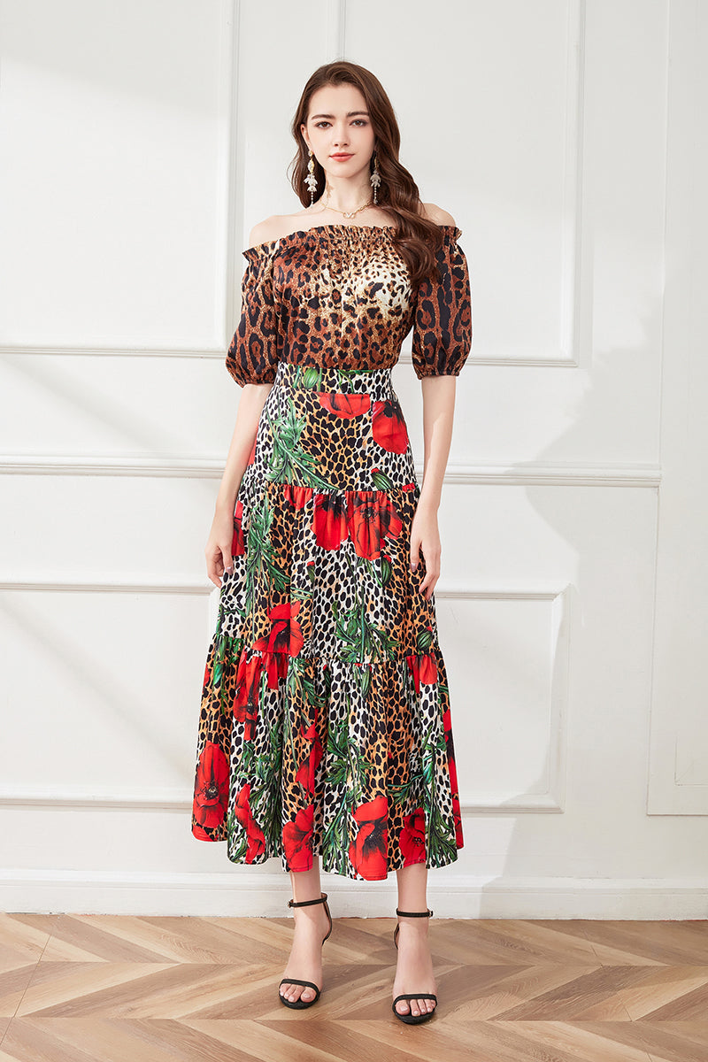Conjunto de dos piezas de vestido grande con estampado de leopardo y flores y top de manga corta con hombros descubiertos