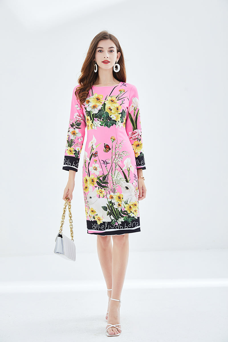 Vestido elegante de cintura alta y cadera con estampado de posicionamiento, vestido de cuello redondo y manga larga con cintura alta