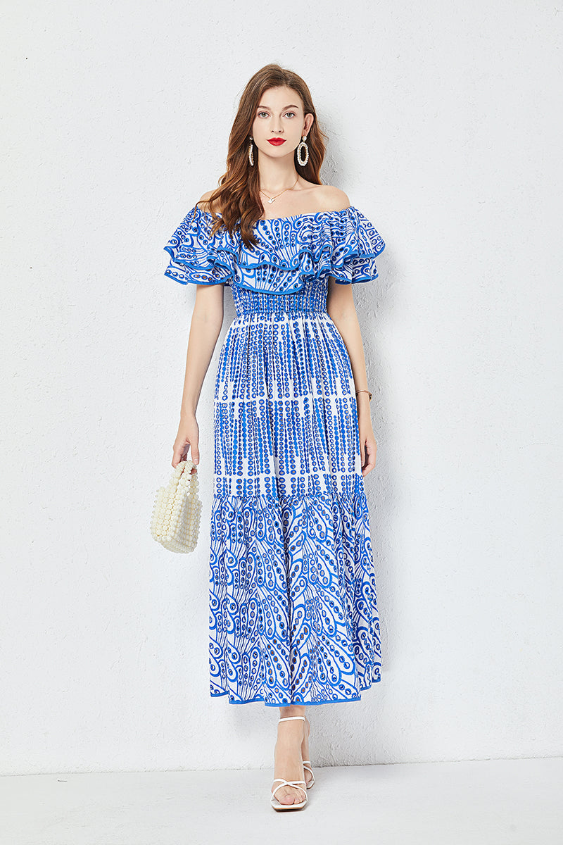 Cotton Embroidered Hollow Waist Dress Shoulder Ruffled Long Dress