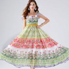 Contrast Colorful Flower Print Chiffon Dress High Waist Back Rubber A Line Dress