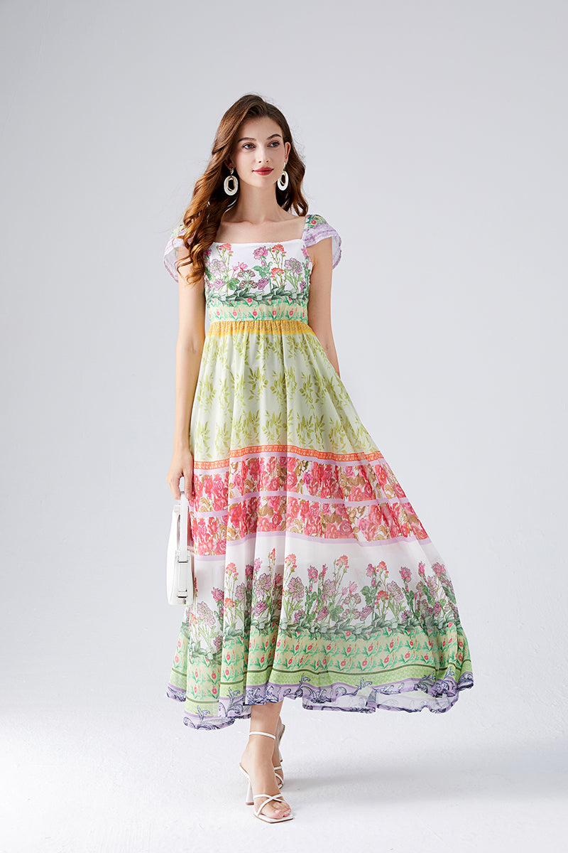 Contrast Colorful Flower Print Chiffon Dress High Waist Back Rubber A Line Dress