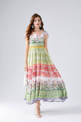 Contrast Colorful Flower Print Chiffon Dress High Waist Back Rubber A Line Dress