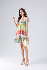 Contrast Colorful Flower Print Chiffon Dress High Waist Back Rubber A- Line Short Dress