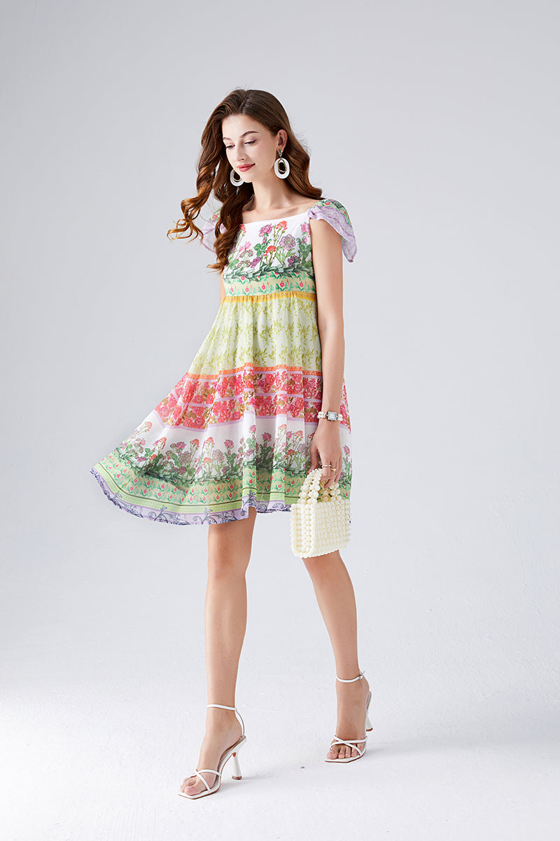 Contrast Colorful Flower Print Chiffon Dress High Waist Back Rubber A- Line Short Dress